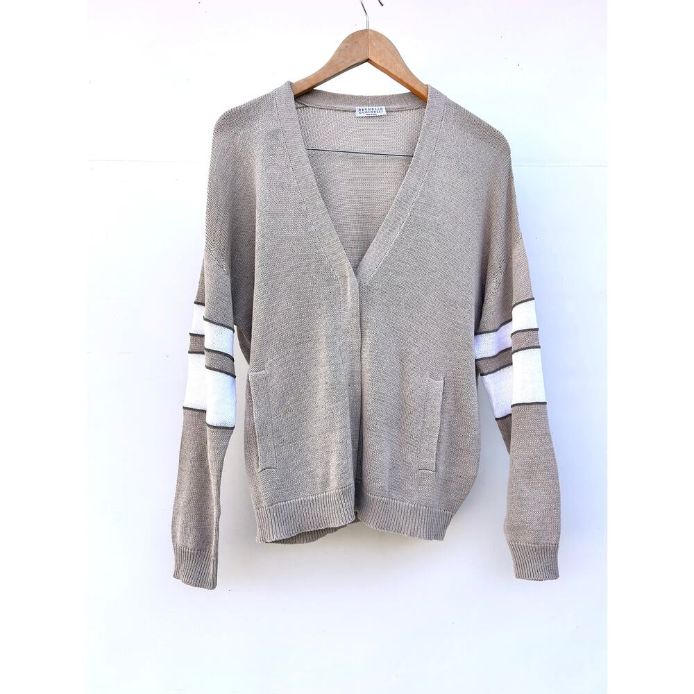 Brunello Cucinelli Cotton Knit Cardigan Sporty Preppy Stripes Small Gray - Picture 2 of 11